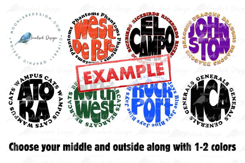 May include: A collection of eight circular designs with different text and color combinations. The designs feature team names and mascots, such as "West De Pere Phantoms", "El Campo Ricebirds", "Johnston Dragons", "Atoka Wampus Cats", "North West Bearcats", "Rockport Blue Jays", "NCA Generals", and "Blue Jays Blue Jays".