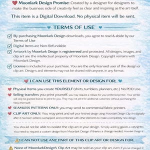 Peut inclure: Une fiche d'information de t&eacute;l&eacute;chargement num&eacute;rique intitul&eacute;e Moonlark Design Promise avec une illustration d'oiseau bleu. Le texte d&eacute;crit les conditions d'utilisation, les applications autoris&eacute;es et les restrictions sur le partage ou la modification.