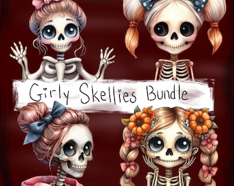 May include: Four digital illustrations of cute, cartoon skeletons with different hairstyles and accessories. The skeletons are wearing pink, blue, and orange clothing and have flowers in their hair. The text "Girly Skellies Bundle" is written across the top of the image.