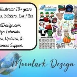 May include: A colourful digital collage of clip art images, including animals, food, and holiday-themed designs. The text "Moonlark Design" is featured in the image.