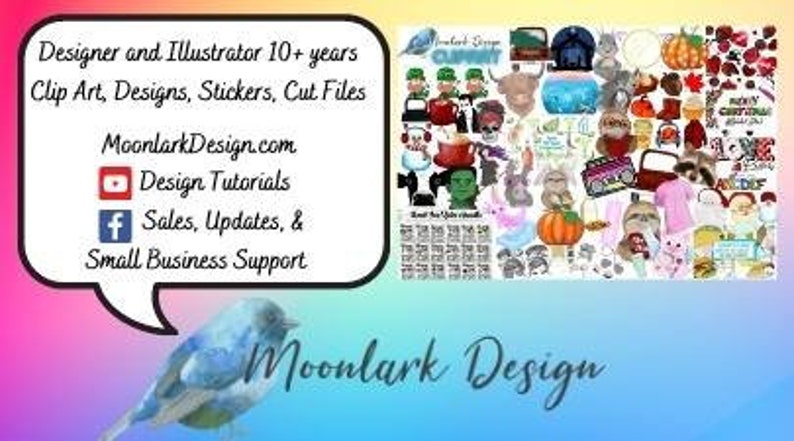 May include: A colourful digital collage of clip art images, including animals, food, and holiday-themed designs. The text "Moonlark Design" is featured in the image.