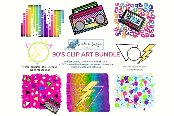 90's Clip Art Bundle, Backgrounds, rainbow leopard, retro radio, cassette tape clipart, lightning and triangle, circle, PNG for sublimation