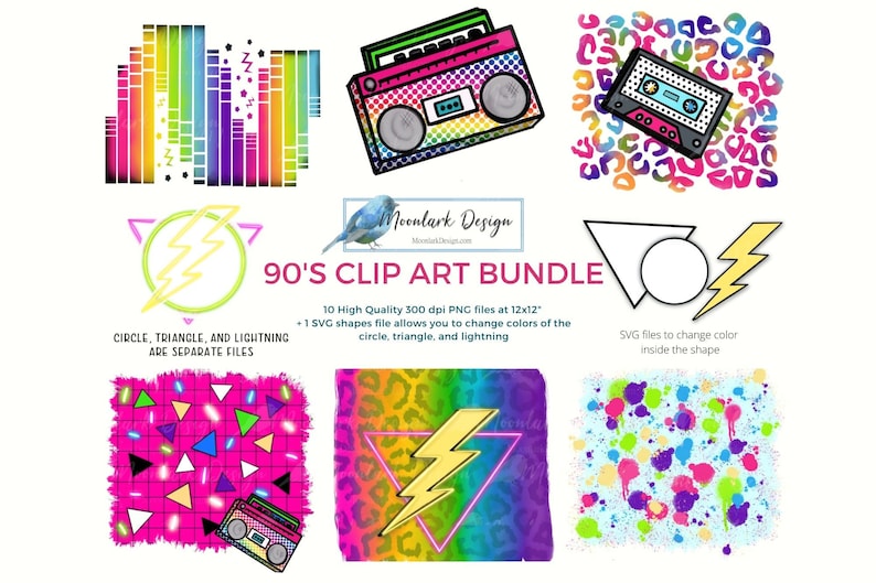 May include: A digital clip art bundle featuring 90s themed graphics. The bundle includes a rainbow colour bar, a boombox, a cassette tape, a lightning bolt, a circle, a triangle, a pink background with geometric shapes, a leopard print background, and a blue background with colourful paint splatters. The text "90's Clip Art Bundle" is included in the image.