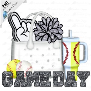 Spieltag, Mom Bag, Baseball Softball Tumbler, Faux Stickerei, faux Pailletten, Schaumstoff Finger, kommerzielle Nutzung, Baseball und Softball Mom PNG