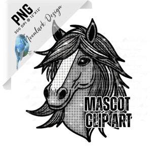 May include: Black and white digital illustration of a horse's head with a sparkly background. The text "MASCOT CLIP ART" is below the horse's head.