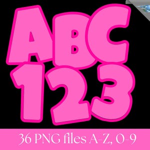 Peut inclure: Lettres et chiffres roses &agrave; bulles sur fond noir. Les lettres A, B et C, et les chiffres 1, 2 et 3 sont affich&eacute;s. L'image comprend &eacute;galement le texte "36 fichiers PNG A-Z, 0-9".