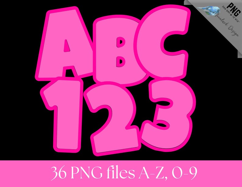 Peut inclure: Lettres et chiffres roses &agrave; bulles sur fond noir. Les lettres A, B et C, et les chiffres 1, 2 et 3 sont affich&eacute;s. L'image comprend &eacute;galement le texte "36 fichiers PNG A-Z, 0-9".
