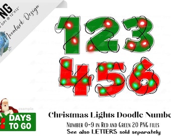 Christmas Lights Numbers, Doodle Numbers, Christmas numbers, Christmas Countdown, Holiday lights, PNG for sublimation, Commercial Use