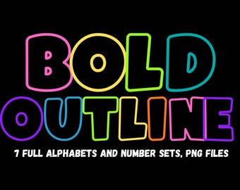 Bold Outline Alphabet PNG Files (Digital Download), Neon Colors, Numbers and Letters, Transparent middle,