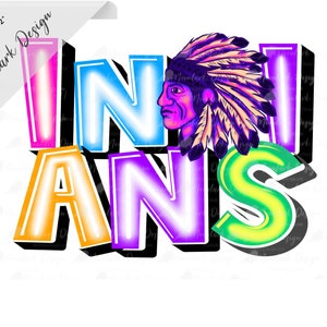 Mascota de los indios, mascota de neón, archivo PNG, espíritu escolar de neón, diseño de letras garabato, mascota retro, uso comercial, mascota preppy, indios png