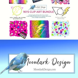 May include: A digital clip art bundle featuring 90s themed graphics. The bundle includes a boombox, cassette tape, lightning bolt, circle, and triangle. The graphics are in bright colours like pink, blue, yellow, and green. The text on the image reads "90's Clip Art Bundle".