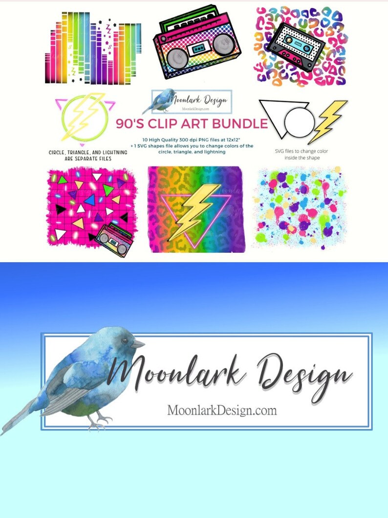 May include: A digital clip art bundle featuring 90s themed graphics. The bundle includes a boombox, cassette tape, lightning bolt, circle, and triangle. The graphics are in bright colours like pink, blue, yellow, and green. The text on the image reads "90's Clip Art Bundle".