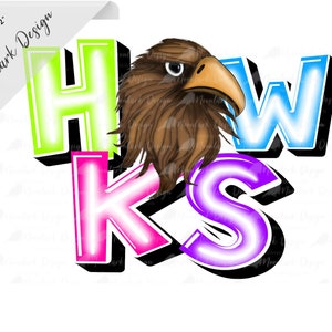 Hawks Mascot, Neon Mascot, PNG file, Neon School Spirit, Doodle Letter Design, retro mascot, Commercial Use, Preppy Mascot, 90s mascot