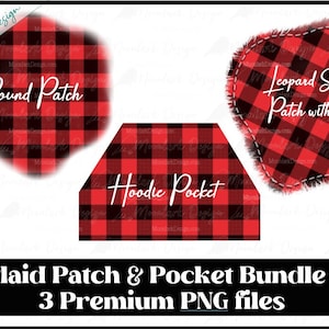 以下が含まれることがあります： 赤と黒の格子模様のデジタルデザイン要素3つセット。デザインには、丸いパッチ、長方形のポケット、そして「Leopard Stitched Patch with Fray」というテキストが入ったフリンジ付きのパッチが含まれています。「Plaid Patch & Pocket Bundle 3 Premium PNG files」というテキストが画像の下部に表示されています。