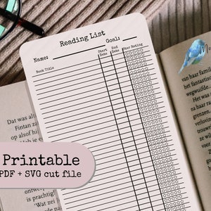 May include: A printable reading list tracker with columns for book title, start date, end date, and star rating. The tracker has a simple design with black lines and text on a white background.