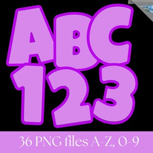 Peut inclure: Graphique num&eacute;rique avec les lettres A, B et C, et les chiffres 1, 2 et 3 dans une police bulle. Les lettres et les chiffres sont violets clairs avec un contour violet fonc&eacute;, sur fond noir. Le texte "36 fichiers PNG A-Z, O-9" est en bas.