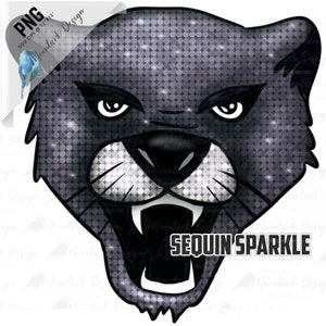 May include: A black panther head with a sequin sparkle design. The panther has a fierce expression with its mouth open and teeth showing.