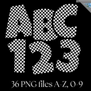 Peut inclure: Sur fond noir, lettres et chiffres &agrave; carreaux noirs et blancs. Les lettres "ABC" et les chiffres "123" sont affich&eacute;s. Le texte "36 fichiers PNG A-Z, O-9" est en bas. L'image est un fichier PNG.