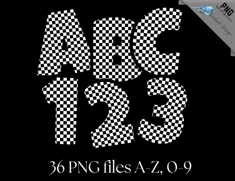Peut inclure: Sur fond noir, lettres et chiffres &agrave; carreaux noirs et blancs. Les lettres "ABC" et les chiffres "123" sont affich&eacute;s. Le texte "36 fichiers PNG A-Z, O-9" est en bas. L'image est un fichier PNG.