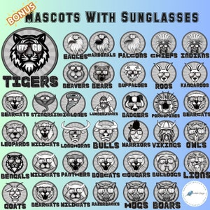 May include: A collection of 25 black and white illustrations of mascots wearing sunglasses. Each mascot represents a different sports team, such as tigers, eagles, cardinals, falcons, chiefs, indians, beavers, bears, buffaloes, roos, kangaroos, bearcats, stingrays, cyclones, lumberjacks, badgers, porcupines, leopards, wildcats, longhorns, bulls, warriors, vikings, owls, bengals, panthers, bobcats, cougars, bulldogs, lions, goats, razorbacks, hogs, and boars. The text "Let's Go" appears on many of the mascots.