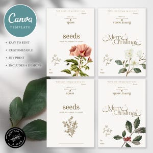 Op de afbeelding: Vier printbare cadeaulabels met bloemenillustraties en de tekst "seeds" en "Merry Christmas". Elk label bevat een hartje met de tekst "Just for you" en ruimte om "To:" en "From:" te schrijven.