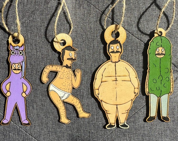 Bob’s Burgers Bob Belcher Ornament Set – Laser Engraved, Hand-Painted Wooden Christmas Decorations (Set of 4)