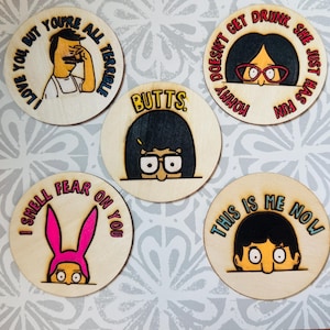 Bob&#39;s Burgers Coasters Set - Hand-Painted Wooden Coasters featuring Bob, Linda, Tina, Gene & Louise - Unique Gift Idea for Fans