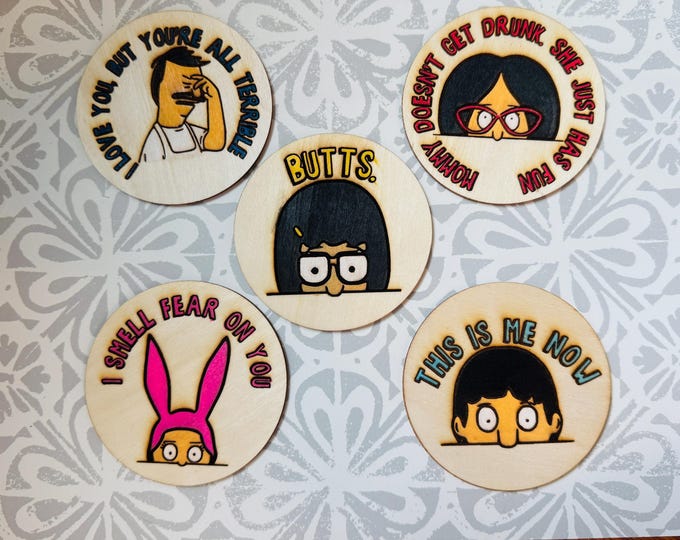 Bob's Burgers Coasters Set - Hand-Painted Wooden Coasters featuring Bob, Linda, Tina, Gene & Louise - Unique Gift Idea for Fans