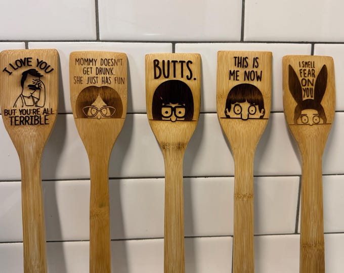 Featured listing image: Bob's Burgers Laser Engraved Bamboo Spatula Bob, Linda, Tina, Gene, Louise