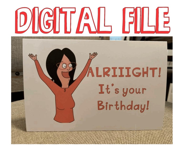 Op de afbeelding: Een witte kaart met een cartoonfiguur met zwart haar en een bril, die een rood shirt draagt ​​en zijn armen in de lucht steekt. De tekst op de kaart luidt "ALRIIIGHT! It's your Birthday!"