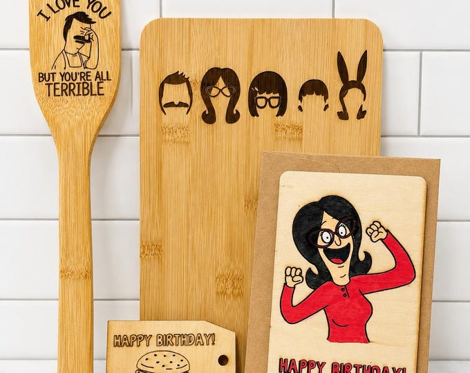 Bob's Burgers Birthday Gift Set – Laser Engraved Bamboo Spatula, Cutting Board, Personalized Card