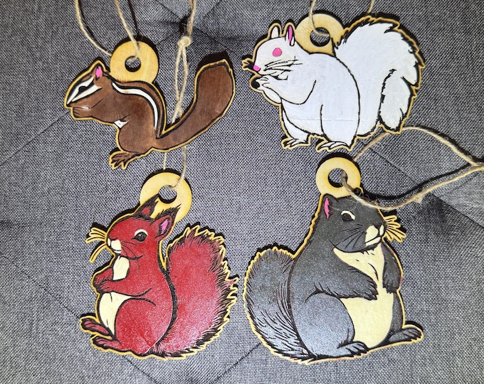Squirrel Island Animal Ornament Set – Handmade Laser Engraved & Hand-Painted Wooden Christmas Decorations (Set of 4)