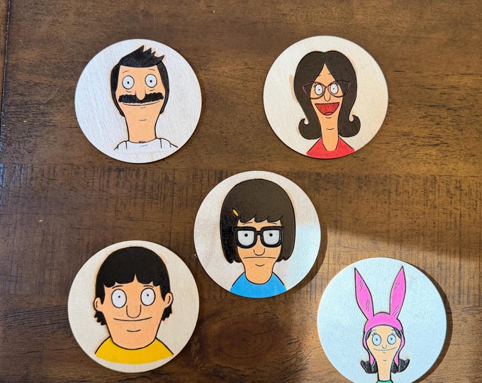 Bob's Burgers Coasters Set - Hand-Painted Wooden Coasters featuring Bob, Linda, Tina, Gene & Louise - Unique Gift Idea for Fans