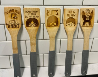 Bob's Burgers Laser Engraved Bamboo Spatula Bob, Linda, Tina, Gene, Louise