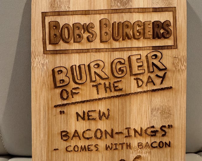 Featured listing image: Bob's Burgers "Burger of the Day" small Bamboo Cutting Board