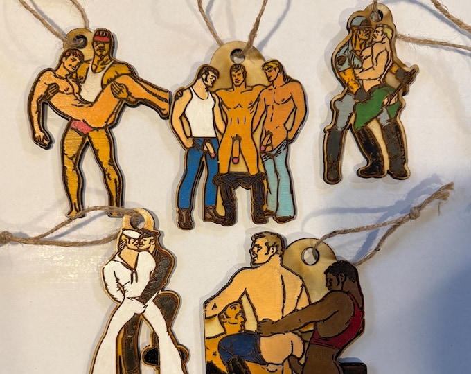 Tom of Finland–Inspired Hand‑Painted Wood Ornaments (Set of 5) — Unique LGBTQ+ Holiday Decor