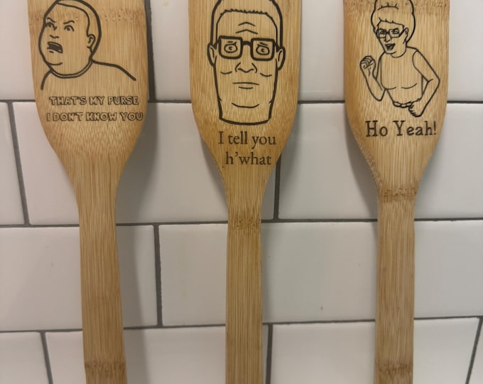 King of the Hill Bamboo Spatula – Laser Engraved with Hank, Peggy & Bobby – Unique Kitchen Gift