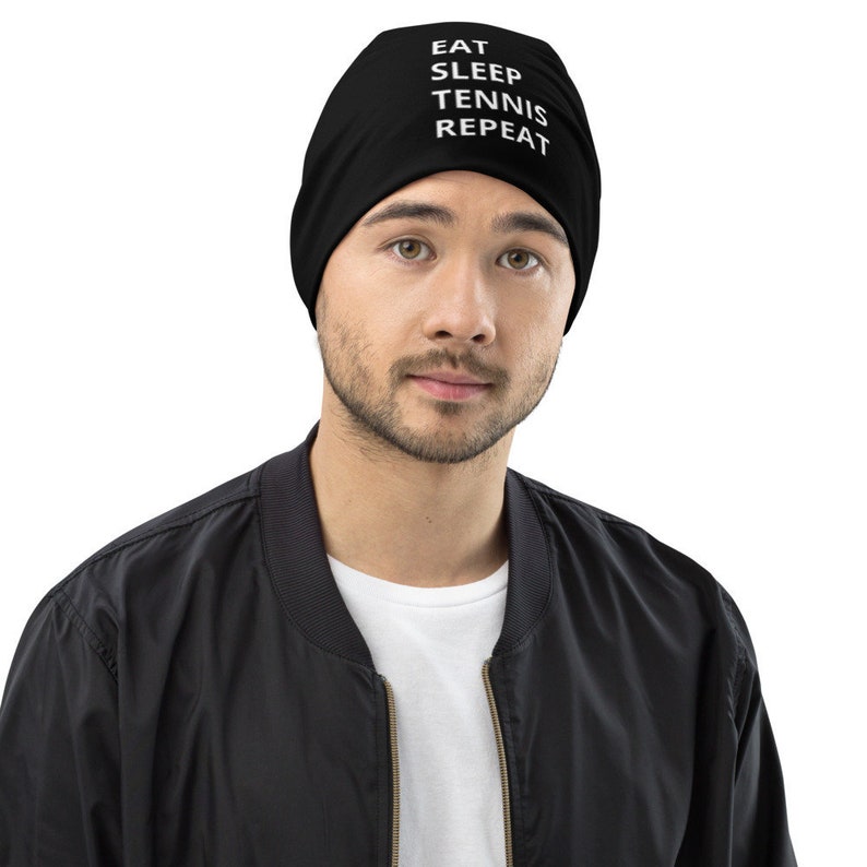 3 Adult Sizes Double Layer Fully Washable EAT SLEEP TENNIS Funny Teen Men/'s or Women/'s Printed Beanie on Black Navy or Brown