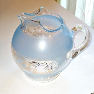 Vintage Glass Round Pitcher with Blue Frosted Bands Gold Leaves Mid Century Modern?
