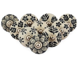 Hand Painted Black & White Floral Ceramic Knobs | Vintage Indian Drawer Pulls | Boho Cabinet Hardware | Handmade Furniture Knobs (Set of 10)