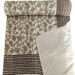 Floral Print Kantha Quilt Hand Block Print Queen Size Bedspread Kantha Throw Quilt Cotton Bed Cover Quilt Blanket Beding