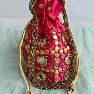 Mirror Work Indian Ethnic Potli Bag | Hand Bag | Purse for Party Wedding and Gifting | Women Mirror Potli | Jewellery Purse for Women Pink