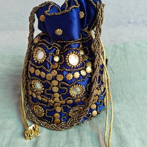 Mirror Work Indian Blue Ethnic Potli Bag | Hand Bag | Purse for Party Wedding and Gifting | Women Mirror Potli | Jewellery Purse for Women