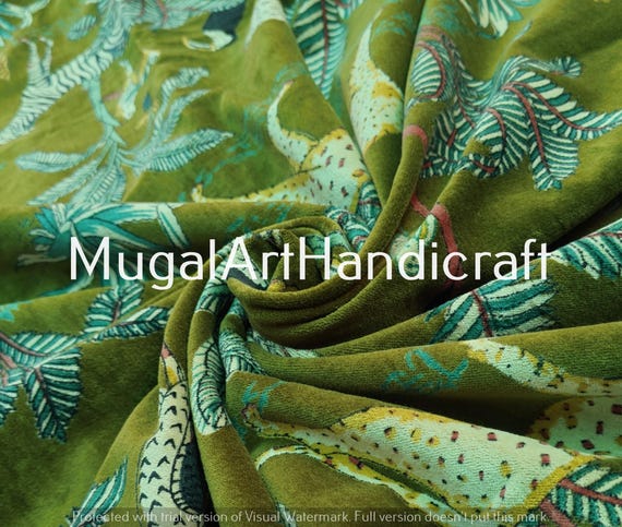 Indian Floral Print Velvet Fabric, Boho Green Jungle Upholstery, 44" Wide