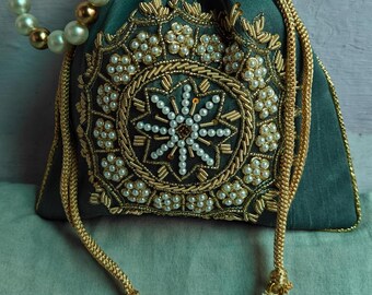Indian Designer Potli Bag for Women, Golden Border Silk Traditional Handmade Zari Work and Pearl Womens Handbag Purse, Wedding Favor