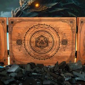 Może przedstawiać: Drewniana plansza do gry składająca się z trzech paneli z motywem smoka i symbolem dwudziestościennej kostki do gry w centralnym panelu. Panele są połączone zawiasami i mają ciemne wykończenie drewna.