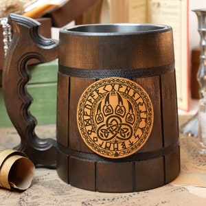Viking Bear Paw Beer Stein | Groomsmen gift | Stag Party | Personalized Norseman Axe Celtic Wooden Beer Mug | Viking Drinking Horn VH2