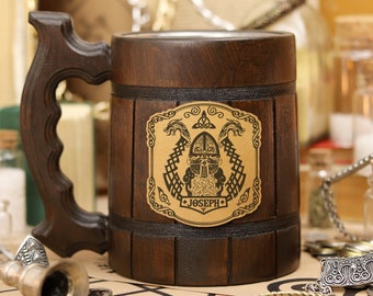 Personalized Viking Beer Stein | Groomsmen gift | Stag Party | Odin Celtic Wooden Beer Mug | Viking Drinking Horn VH1