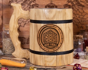 May include: A wooden beer stein with a black band and a leather patch that says "How I Roll" with a dice graphic.