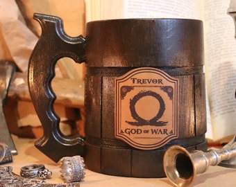 God of war Mug | Norse God Cosplay Gift Wooden Beer Stein Gamer Gift for Hum Blades of Chaos